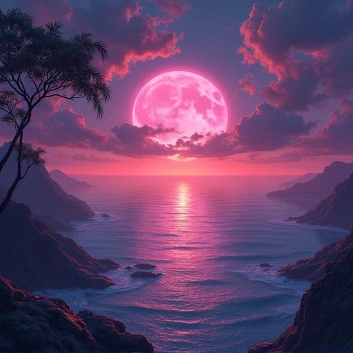 A dreamy landscape featuring a large pink moon over a tranquil ocean. Mountains in the background under a clear sky with scattered clouds. The scene conveys a sense of peace and euphoria, ideal for an album cover. Text included: euphoric dawn.