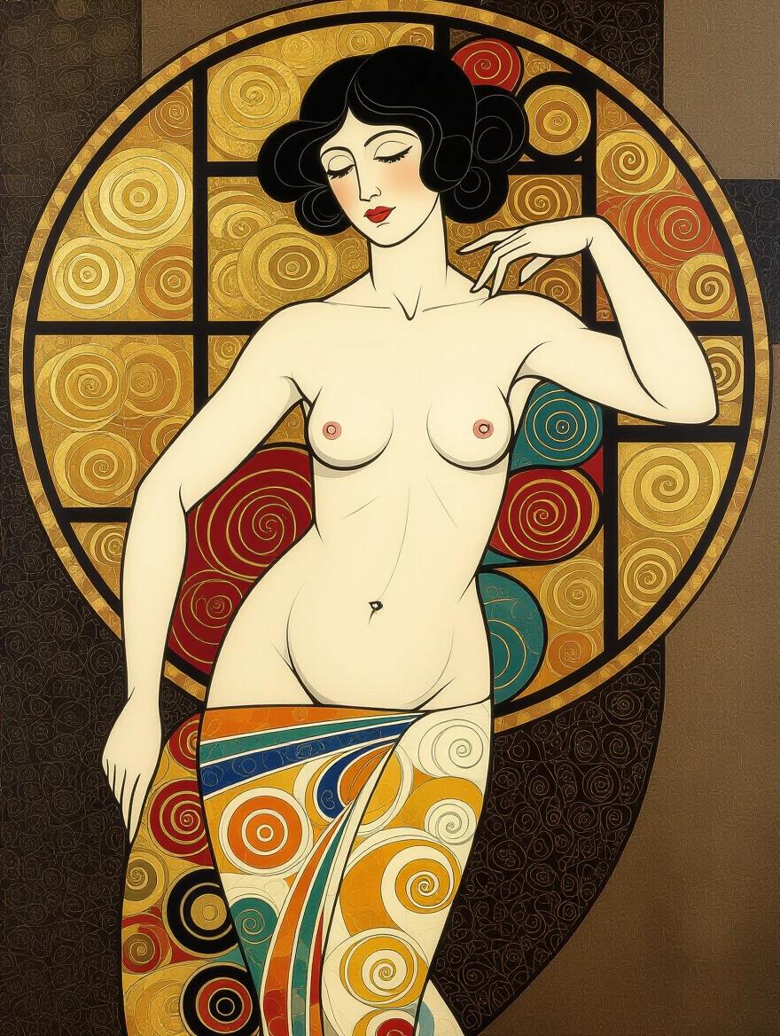 A beautiful woman posed elegantly. She has a flowing body, exhibiting graceful curves. The background consists of circles with vibrant colors. Gold and complementary colors characterize the palette.