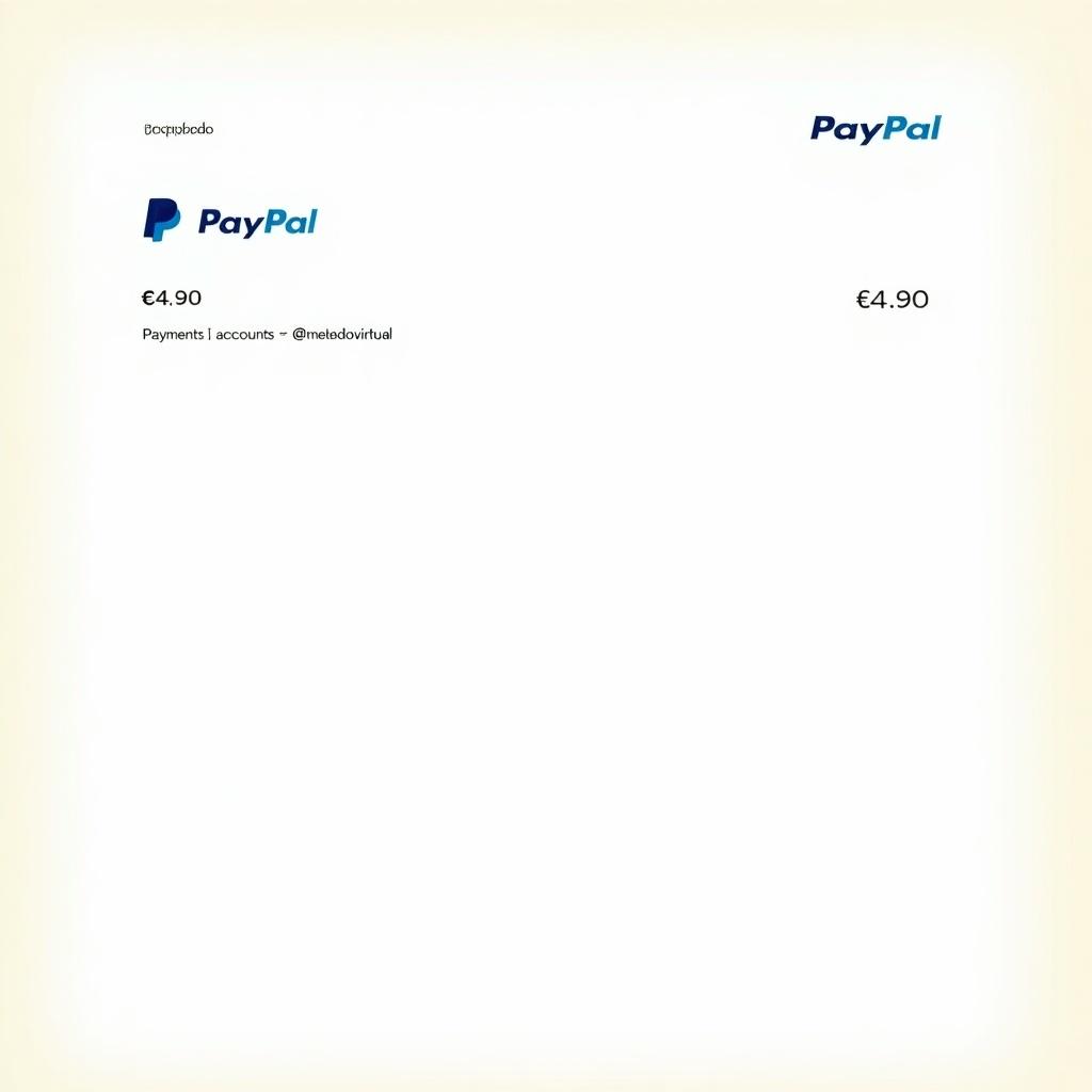 Illustration of proof of payment document from PayPal. Completed transaction of €4.90. Payment directed to account @metodovirtual. Receipt design typical of PayPal documents. Layout emphasizes clarity with bold text and simplified background.