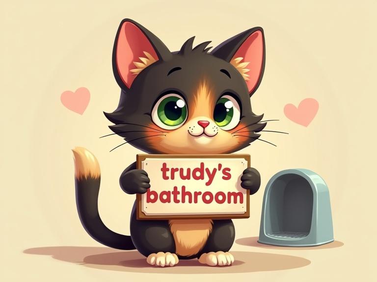 2d simplified cartoon of a tortoiseshell cat with green eyes and a white tipped tail. Cat is holding a decorative sign saying trudy's bathroom. Litterbox in the background.