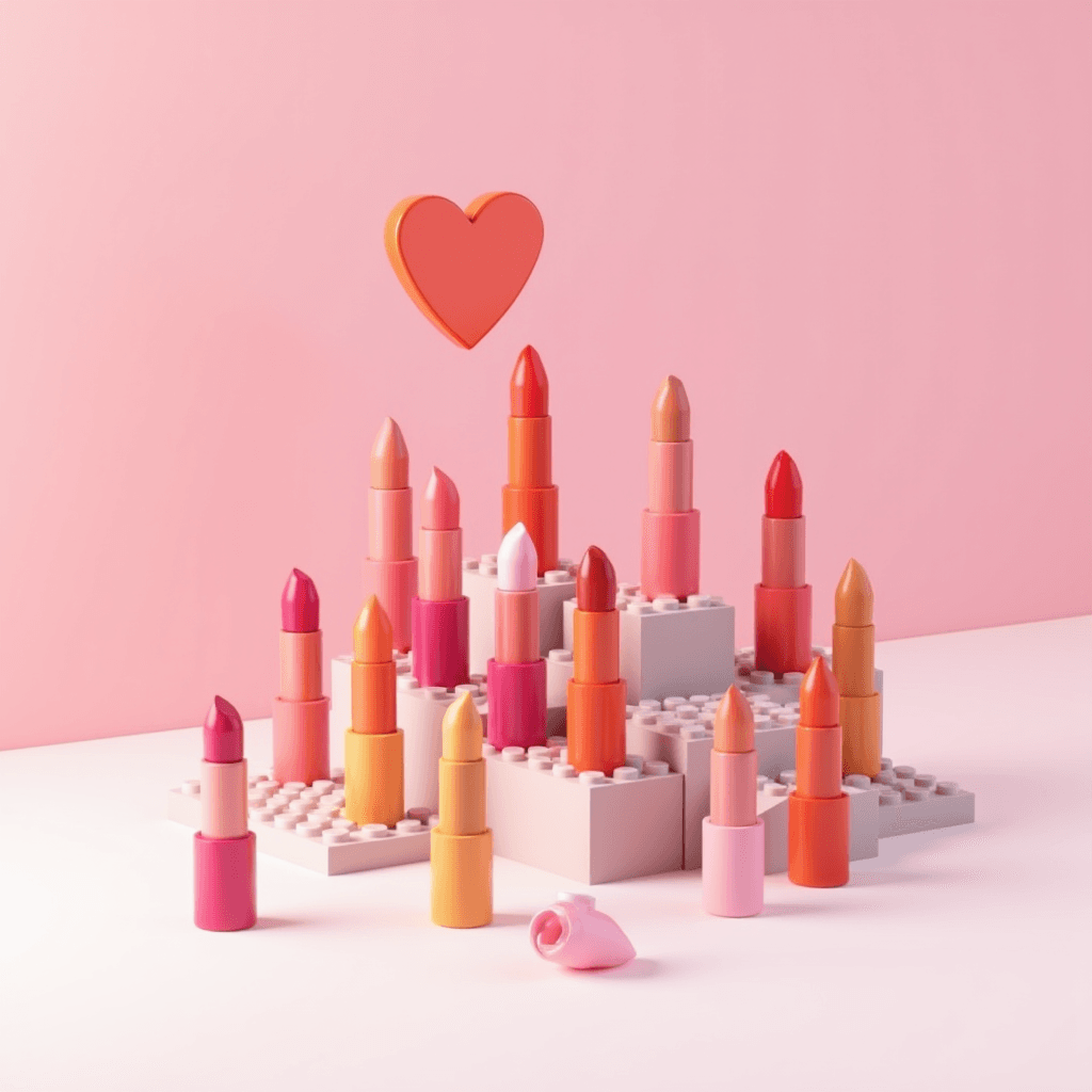 Brightly colored lipsticks stand on a pink building block platform with a heart floating above them.