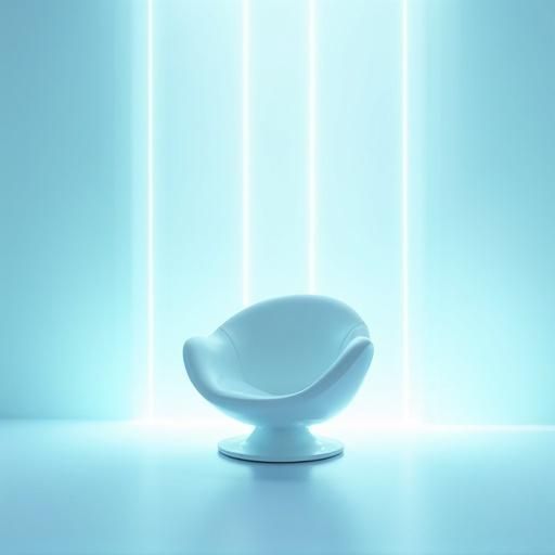 Futuristic minimalist chair with rounded back and circular base. Background features glowing light blue with soft white light. Scene creates a dreamy atmosphere with horizontal streaks of light.