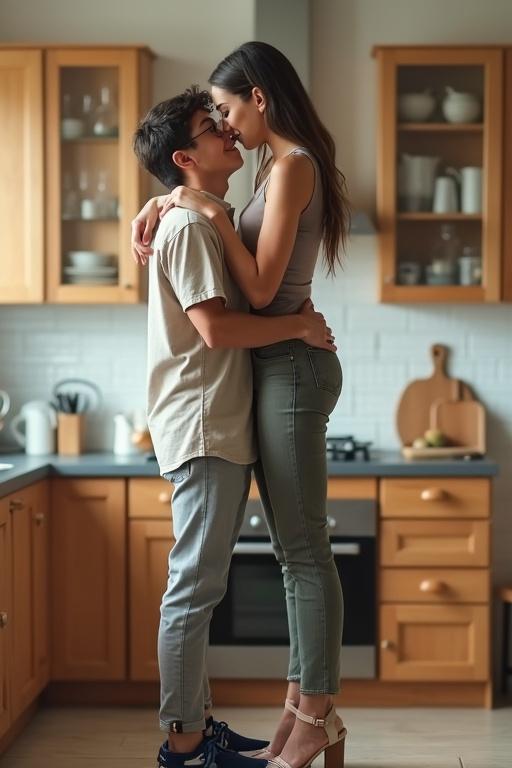 Joyful height comparison in a kitchen setting. Tall girl with high platform heels embraces shorter man. She stands behind him confidently. Both wear casual outfits. They are new roommates fascinated by their height difference.