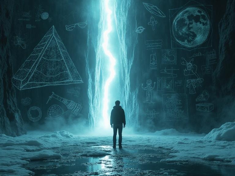Symbolic scene split between light and shadow. One side features a chalkboard with conspiracy drawings like pyramids and UFOs. The other side shows scientific reports and classified folders behind glass. A person stands at the center, torn between fact and speculation, facing a glowing crack in the ice. Mysterious atmosphere, blending logic and myth, cinematic feel.
