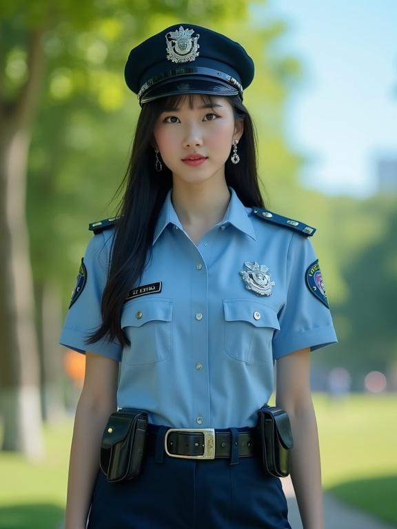 Police officer stands in a sunny park. Light blue short-sleeve shirt with navy blue tactical shorts. Black duty belt and polished boots. Wearing a police cap and sunglasses. Green trees and blue sky in the background.