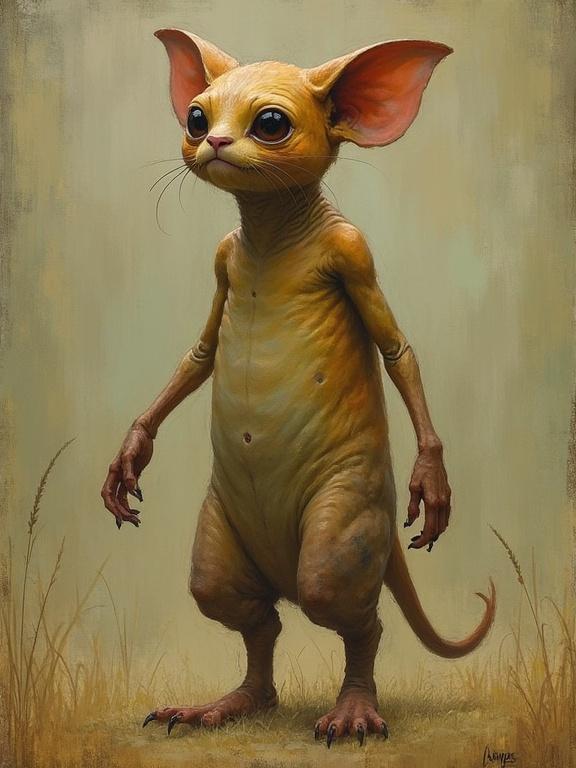 Whimsical creature with large ears and expressive eyes. Portrayed in a realistic digital art style. Stands upright with human-like features. Body has a unique texture and coloration.