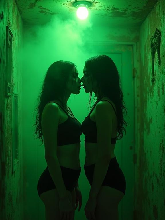 Cinematic hyper-realistic scene with green neon light. Two gothic girls face each other in a decaying room. Tangled hair and smudged lipstick. Shadows cast on walls. Reflections show different emotions. Dystopian city view outside. Film grain and lens flares. 4K resolution.