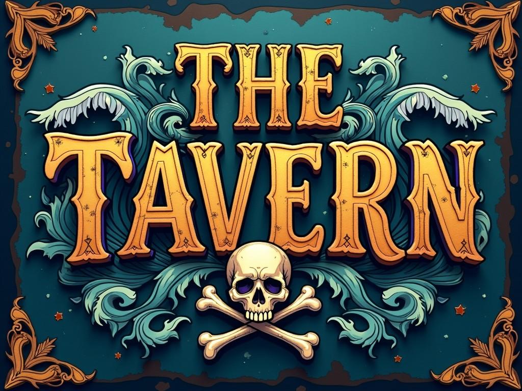 This image features the word 'THE TAVERN' in bold, ornate lettering. The skull and crossbones positioned beneath add a pirate-like or ominous feel, while swirling blue and teal vines or waves decorate the background. Intricate golden embellishments adorn the corners, enhancing the vintage and whimsical look.