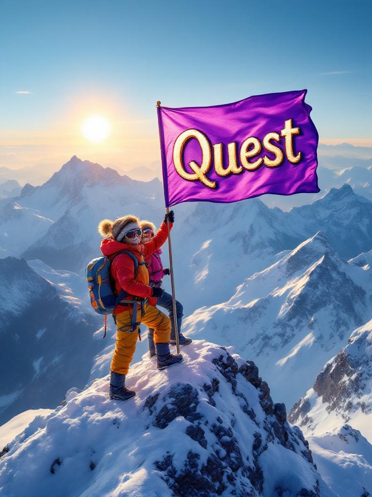 A breathtaking scene at the top of Mount Everest. Children hold a flag that says Quest. They wear colorful climbing gear and sunglasses. Snowy peaks and blue sky surround them. Sunlight creates a golden glow. Their faces show joy and pride. An unforgettable achievement in childhood adventure.