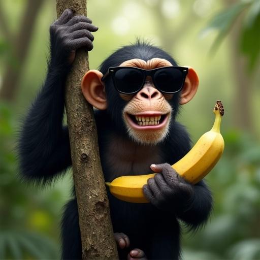 A smiling chimpanzee hangs from a tree branch. One hand holds the branch. The other foot holds a banana. The chimp wears black sunglasses. Realistic details in fur texture and expression. Background features a detailed jungle. Natural lighting enhances the scene.