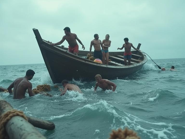Scene of a small wooden boat capsized in rough ocean waves. Broken boat pieces float nearby. Several adults, men and women, are in the water struggling to stay afloat. Overcast sky and restless sea. Cinematic lighting captures urgency and water textures.