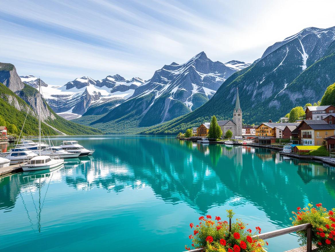 A scenic view of a lakeside village in Canada under bright skies. The turquoise water reflects the surrounding mountains. A few boats are anchored near the shore. A church tower and colorful houses are visible. The scene is filled with greenery and flowers along the waterfront.