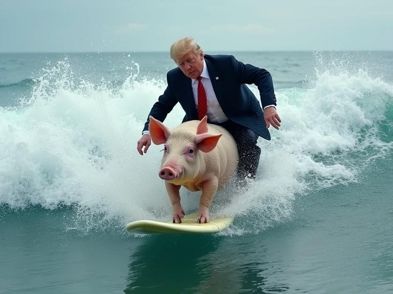 A man in a suit riding a pig while surfing on ocean waves. The scene displays a barrel roll on the surfboard amidst crashing waves.