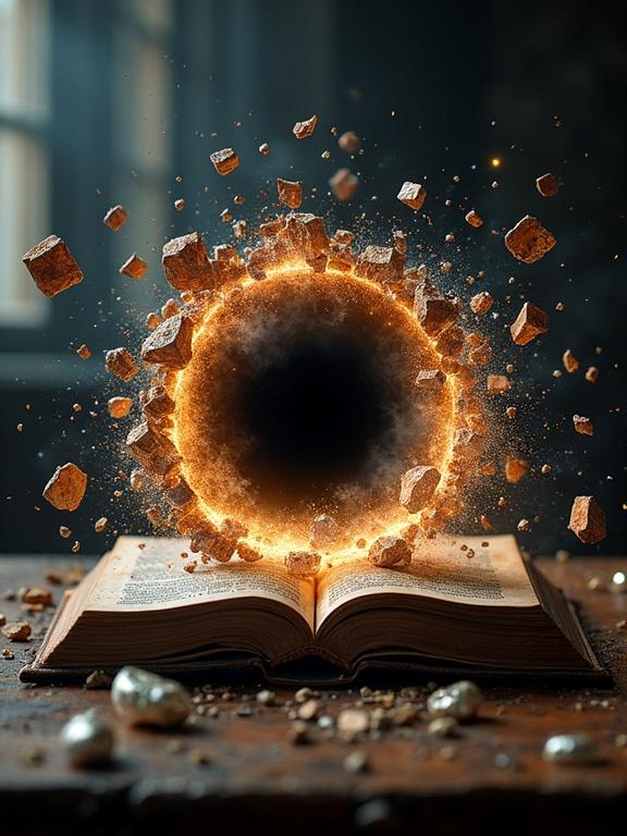 A hyper-realistic cinematic scene. An ancient leather-bound Bible shatters like glass. Pieces fly outward revealing a swirling dark void. Atmosphere is shocking and intense. Captures destructive energy with hyper-realistic rendering.