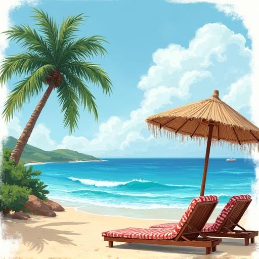 Image features a tropical beach with palm trees sunny sky straw umbrella red striped loungers tranquil ocean waves