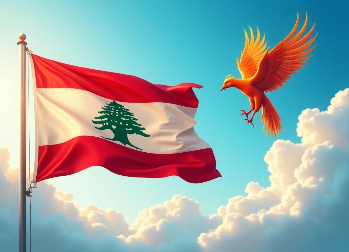 The image depicts the Lebanese flag fluttering in the sky alongside a vibrant phoenix. The background showcases a bright blue sky adorned with soft white clouds, emphasizing a sense of freedom. The Lebanese flag is predominantly red, white, and green, symbolizing national pride. The phoenix, rendered in orange and gold hues, represents rebirth and resilience. Overall, the composition evokes a celebratory atmosphere, perfect for marking Independence Day in Lebanon.