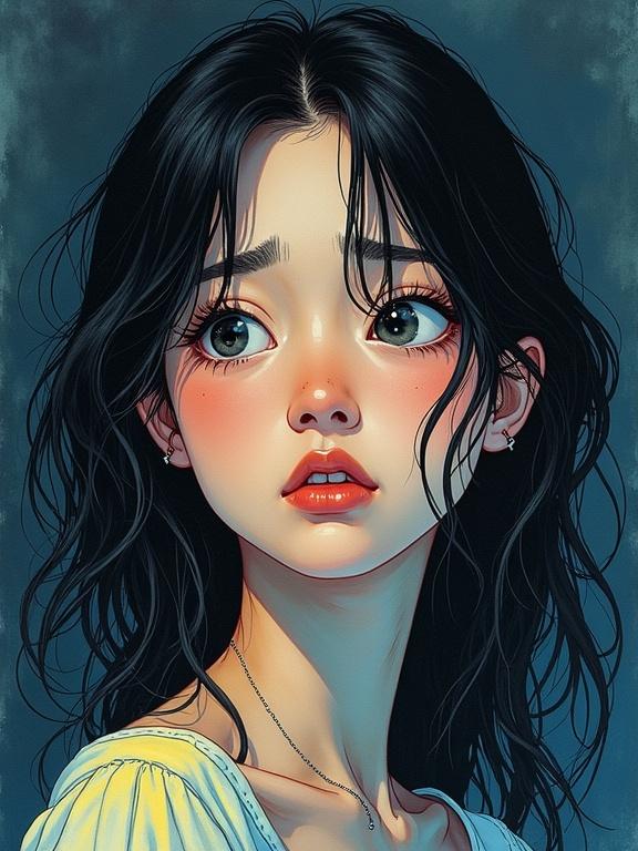 Close-up portrait of a confused young woman with loose waves styled hair. Dark shadowy background emphasizes her features. Hand-drawn details and vibrant watercolor tones inspired by 1990s manga art. Combination of precise linework and fluid color transitions. Rich hues create a luminous effect against a dark backdrop. Mixed media painting technique with textures and bold strokes. Overcast dusk ambiance with minimal saturation and high contrast.
