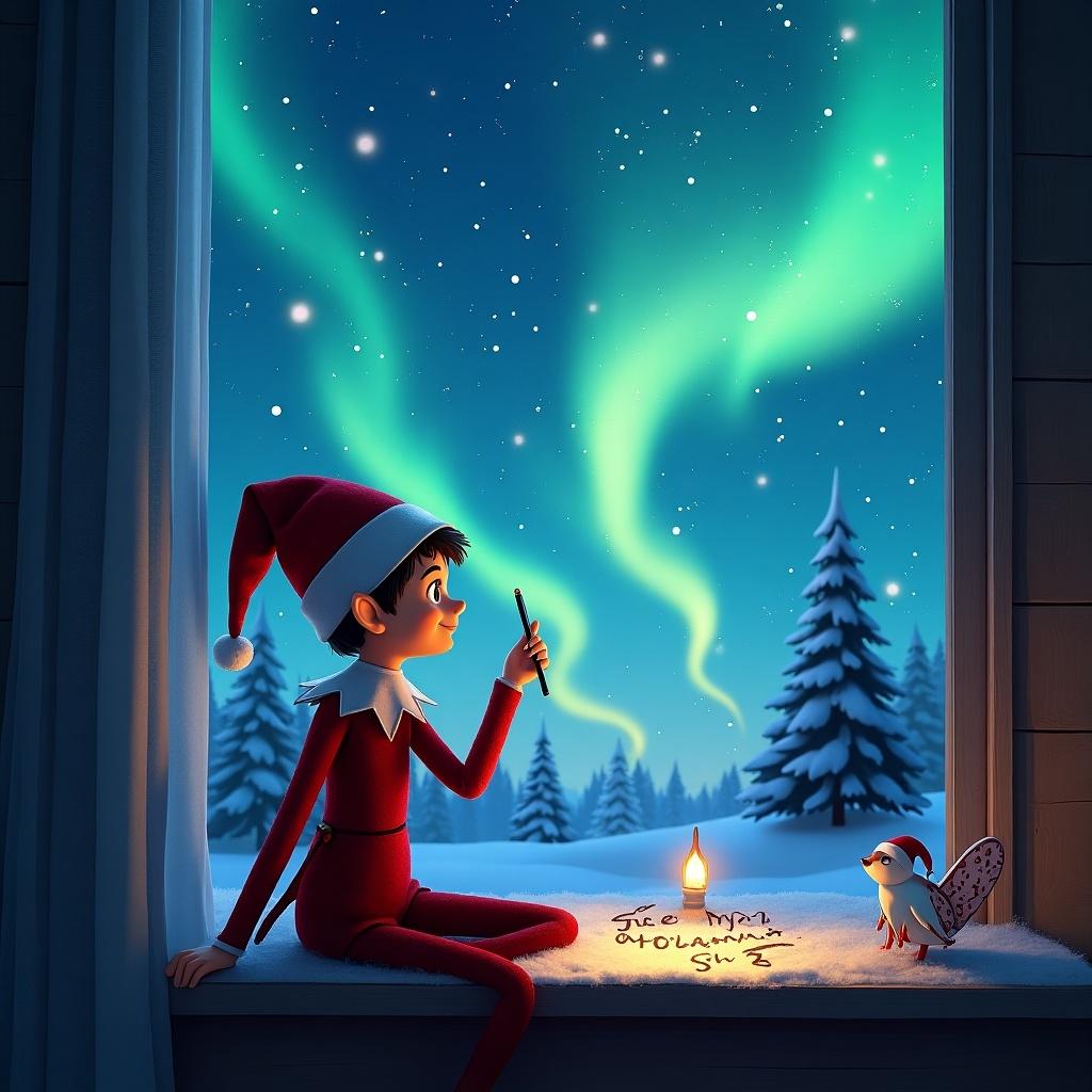 The image depicts an elf from the popular 'Elf on the Shelf' tradition, seated by a window. He is writing a heartfelt message in the air, which translates to 'See You Soon Amari Grace Ozzy'. Outside, vibrant northern lights illuminate the night sky, creating a magical atmosphere. The elf is dressed in a classic red suit with a pointed hat. A small bird sits beside him, adding to the whimsical scene. Snow-covered trees are visible in the background, enhancing the festive winter feel.