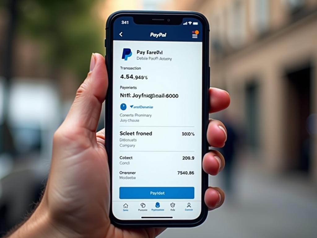 Smartphone shows PayPal payment confirmation. Displays a transaction amount of 110€ and includes account details. Focus on the screen with payment summary. The image is realistic for proof of payment.