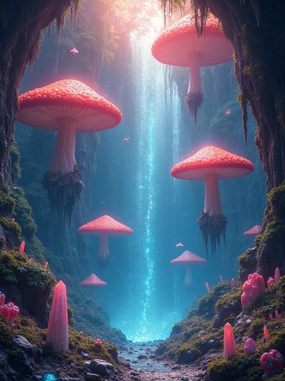 Underground world with giant mushrooms growing downwards. Luminous creatures flying among mushrooms. Glittering water cascades upwards. Giant crystals reflect light creating rainbows. Strange rock formations in an upside-down landscape.