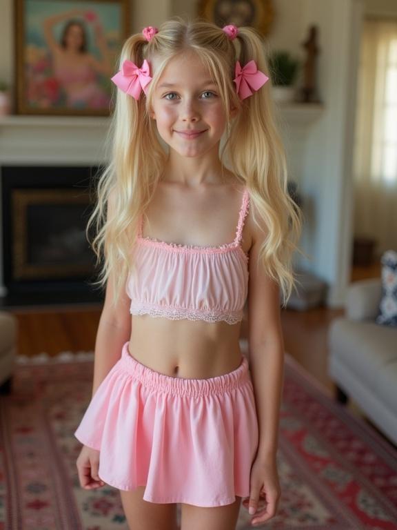 A young girl with long blonde hair styled in twin tails wearing pink bows. She stands in a living room. Her outfit consists of a crop top and a short pleated skirt. The girl smiles playfully as she poses on a colorful rug. The room has a warm atmosphere with soft lighting.