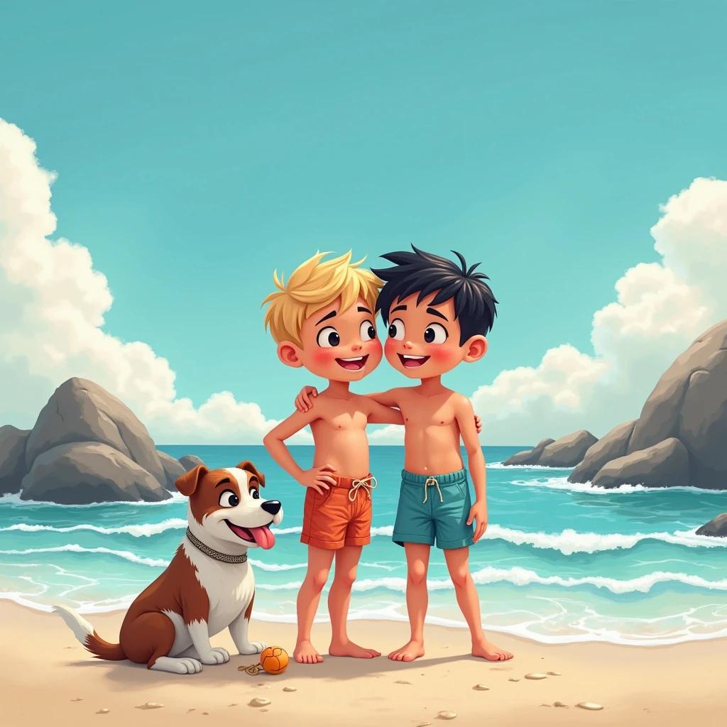 Two boys stand together on the beach. One has blonde hair the other has black hair. Both boys are wearing colorful swimsuits. They have their arms around each other while smiling. A small brown and white dog stands beside them with a ball. The beach has large stones and waves behind them and fluffy clouds in a blue sky.
