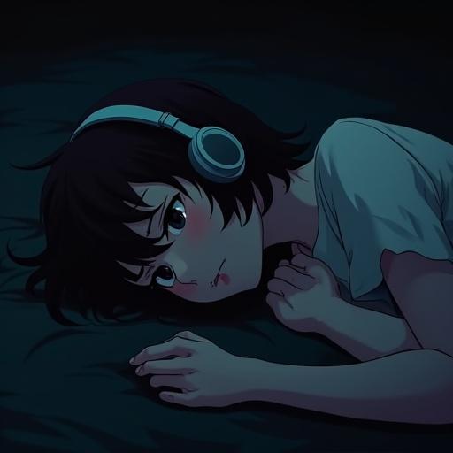 A scene in contemporary anime style for a music video background. Full-body shot of a young woman lying down. Viewed from the side with head on left, legs to right. Profoundly sad expression. Wearing sleek headphones. Designed with high-quality detail and modern shading. Dark and moody atmosphere with textured surface.