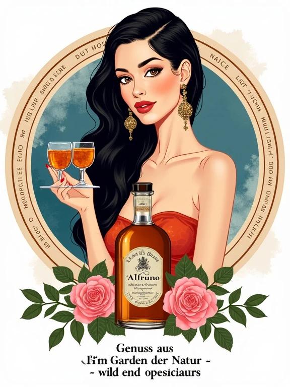Digital illustration with a central female figure in her mid-thirties. Long dark hair and fair skin. Holding two small glasses filled with amber herbal liqueur. Adorned with ornate earrings. Bare shoulders exposed. Background features circular design with watercolor effect in blue and orange. Decorative border with text. Lower apothecary-style bottle labeled 'Alfruno'. Pink roses and green foliage around the bottle. Bottom text in serif font reading 'Genuss aus dem Garten der Natur - wild und besonders'. Symmetrical and visually balanced composition.