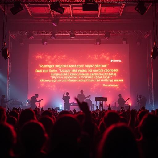 Dynamic concert print inspired by КняZz. Dark stage with haze and sharp spotlight beams in warm yellow-orange shades. Center features large, rough song text: 'Лучше промолчи, прошлое забудь. Вряд ли ты сможешь его вернуть.' Handwritten poster style with uneven letters, wear and scratches. Text glows from within with a burning effect. Bright red 'КняZz' logo at the bottom. Blurry silhouettes of microphones and guitars at the edges conveying a live performance feel. Overall mood: rebellious, nostalgic, with dramatic light and rock concert energy.
