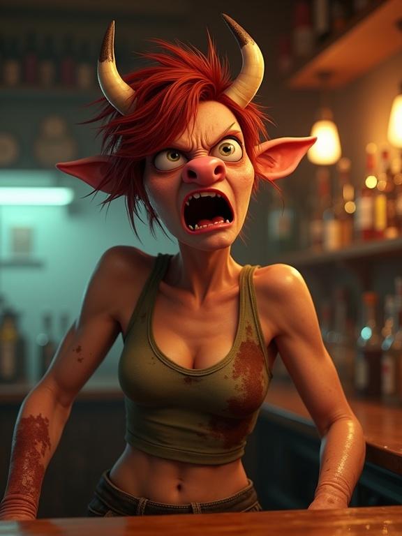 Pixar cartoon featuring a mutated female bartender with short red hair. She has one human ear and one cow ear, a pink cow nose, and an angry expression. Bartender screams at customers, has muscular arms, wears a dirty tank top, and has cowhide skin patches. The setting is a chaotic bar with bottles shaking and dramatic lighting.