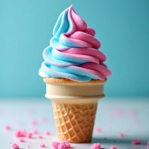 Ice cream in a cone with blue and pink swirls on top of the cone. Soft pastel colored background enhances the sweetness of the treat. Bright and inviting.