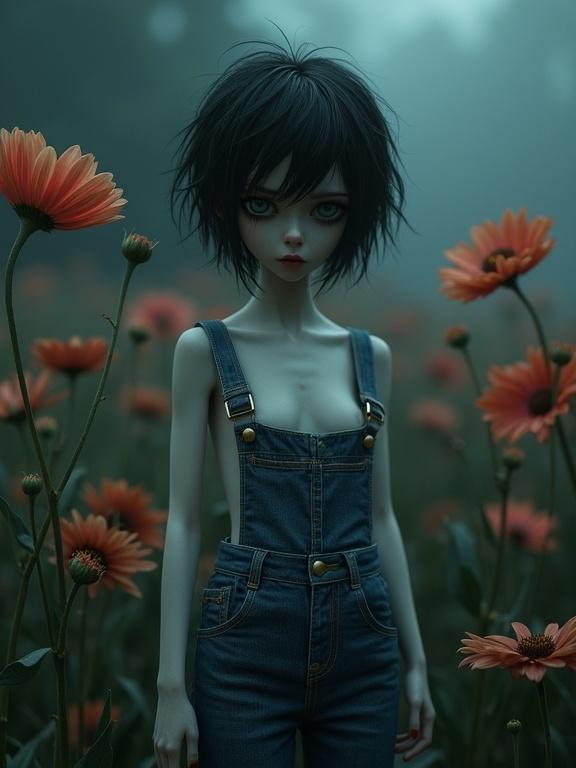Gothic scene featuring a figure with slim form and large eyes. The figure has messy black hair. She is wearing denim overalls. Surrounded by orange flowers in a dark surreal field. The atmosphere is haunting with soft shadows and illuminated by headlights.