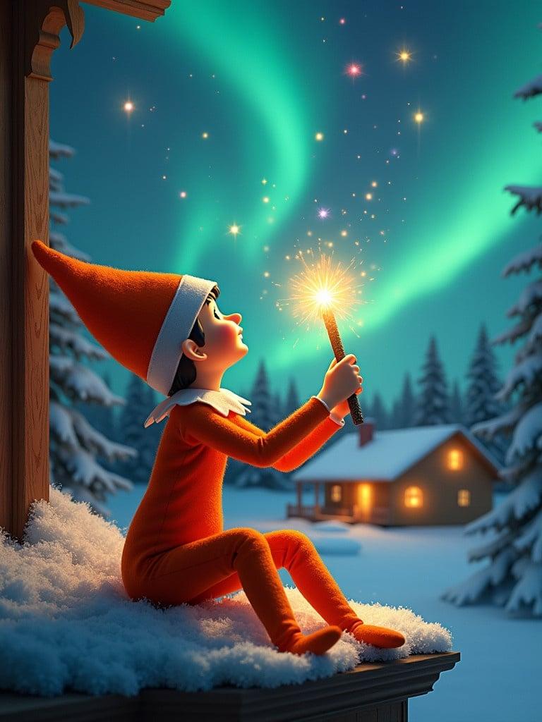 An elf sits on a ledge. Elf wears orange clothes. Elf looks up at colorful northern lights. Elf holds a glowing wand. Snow covers the ground. Cozy house is visible in the distance. The scene embodies magic and wonder of Christmas. Words appear from the wand saying happy Christmas from MGFencing.