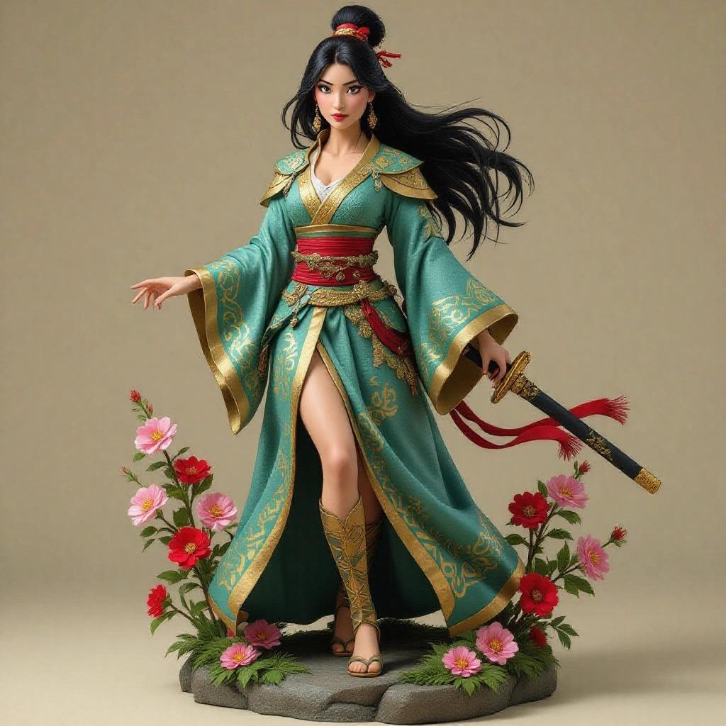 Stylized female figure inspired by Mulan with a sensual and majestic aesthetic. Standing on a rocky base decorated with carved cherry blossoms. Wearing a fitted dramatic kimono in jade blue, gold, and emerald tones with bright Eastern embroideries. Powerful flowing pose with one leg forward as if in motion, torso elegantly turned. Holding a long sword with golden details on her shoulders, while supporting a small red dragon with golden horns on her left arm. The other hand delicately holds a shiny cricket perched on her finger. Long loose hair flows to one side, adorned with flower decorations and golden hairpins. Firm and serene expression as an Eastern warrior goddess. Neutrally colored background with soft lighting.