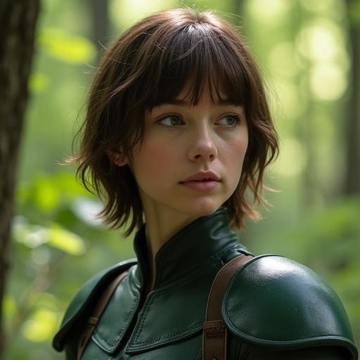 A young woman with short brown hair and bangs wears a dark green fantasy outfit with shoulder armor in a forest setting. Background features blurred green foliage and sunlight filtering through the trees. Neutral expression and natural lighting suggest an adventure theme.