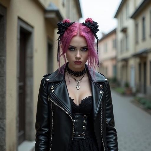 Portrait of a young woman with light hazel eyes and dark eyeliner. Hairstyle features colorful hair in two loose buns with black ribbons. She wears a black leather studded biker jacket and a lace short skirt dress. The woman displays cool punk goth rings on her manicured hands. Background shows an american suburban alleyway.
