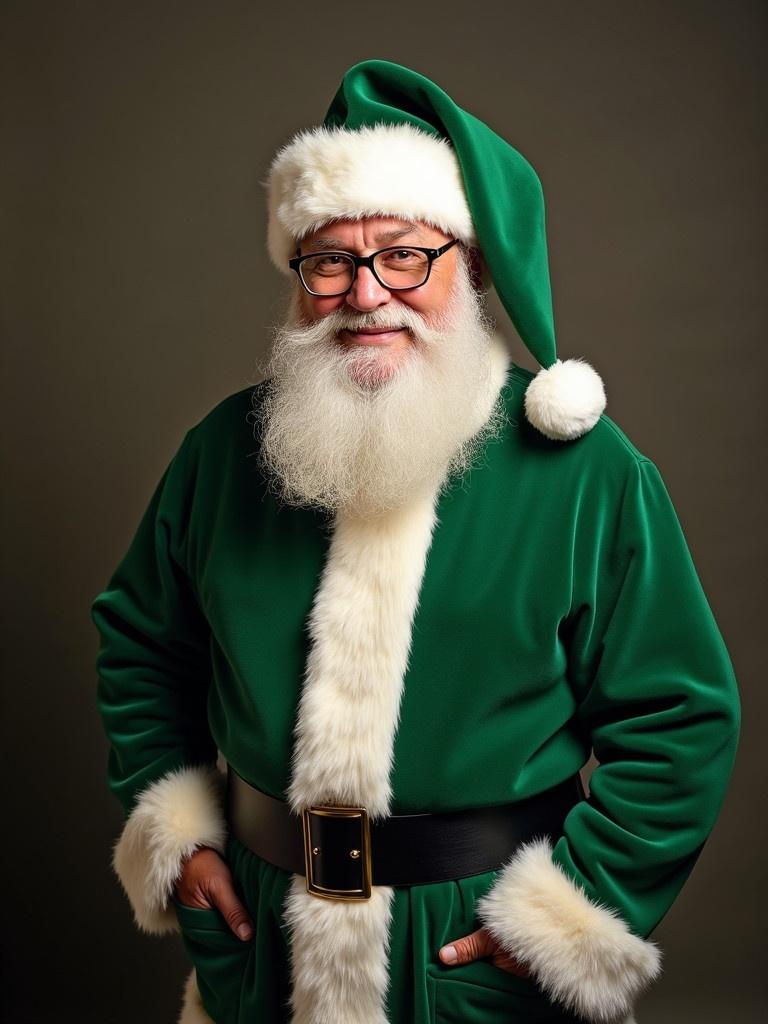 Santa Claus is wearing a vibrant green suit with white trim. The suit features a fluffy white beard. The scene has a warm and inviting ambiance. He stands confidently with his hands on his hips. A soft background complements the festive theme.