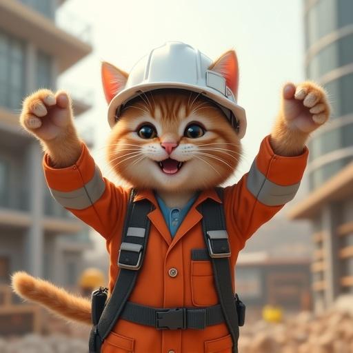 Cat wearing safety helmet and blue work uniform stands on construction site. Cat is smiling with arms wide open. Image resembles Genba Neko style.