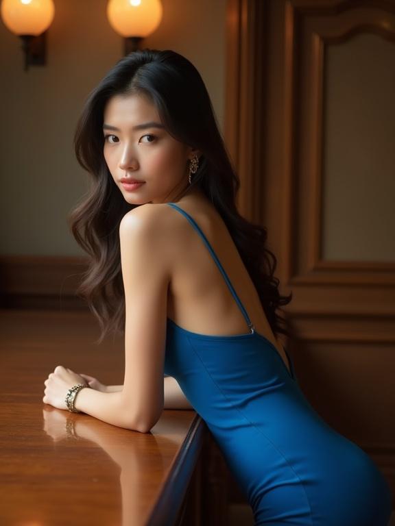 Asian woman leans over a wooden table wearing a tight blue bodycon dress in an elegant luxurious setting with soft warm lighting.