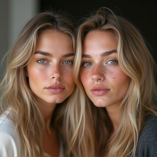 Two girls with very light complexion and long blonde hair. They have freckles and captivating lips. They show tired yet satisfied expressions. The setting emphasizes joy.