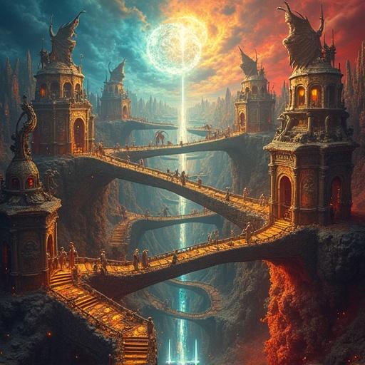 A vivid and intricate masterpiece features a heavenly and infernal blend. Majestic architecture supports a maze-like structure above lush gardens and fiery chasms. The sky bursts with color as glowing angels and demons occupy the scene. Vibrant hues are contrasted against dark shadows. Symbolism merges divine elements with chaotic machinery.