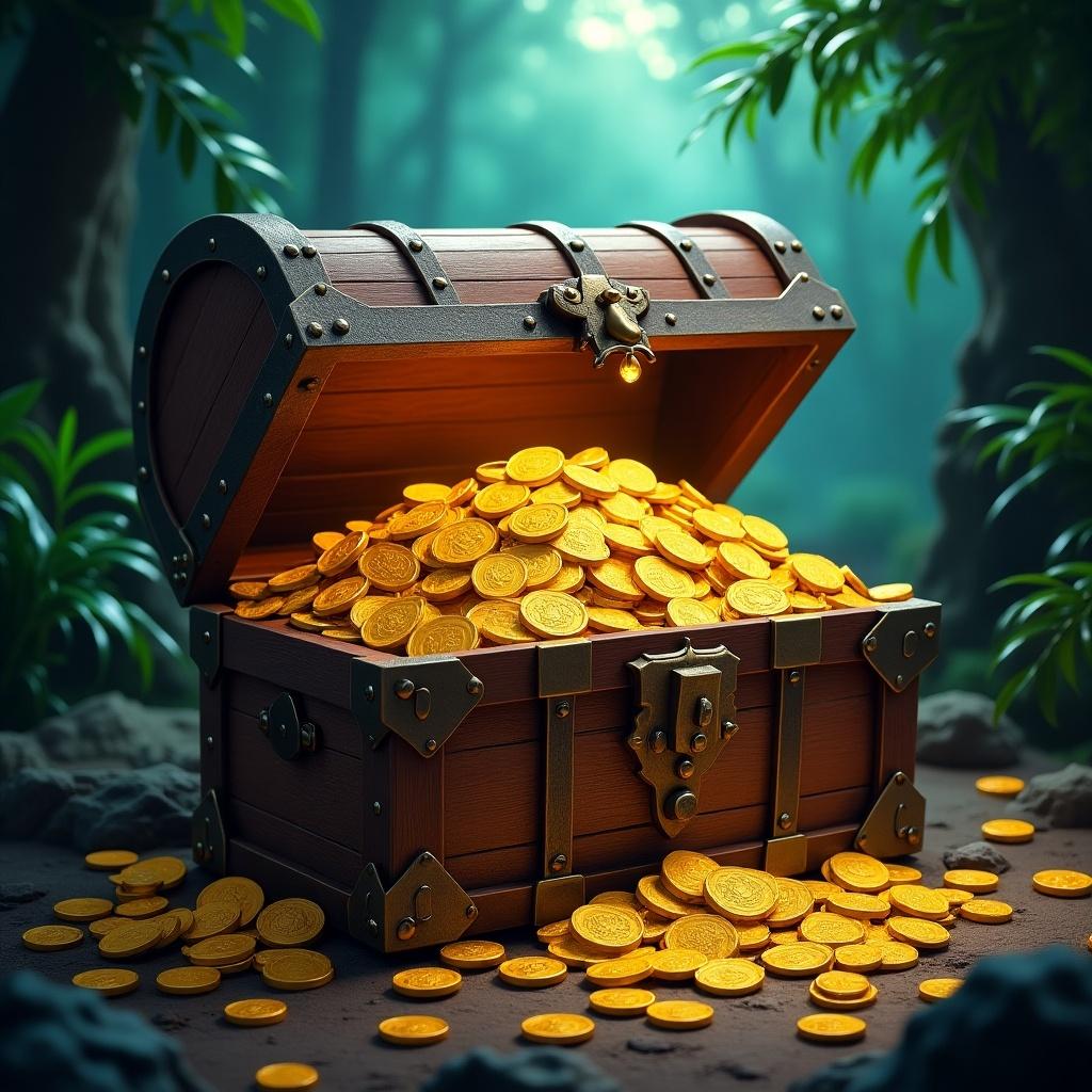 Treasure chest full of gold coins. Green forest background. Light filtering through trees. Focus on the treasure.