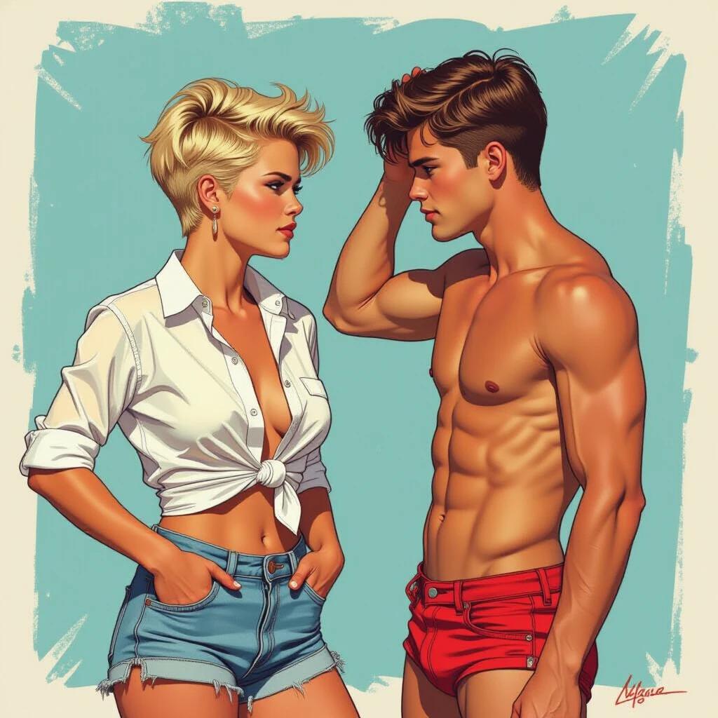 Portrait of a young woman and a young man standing face-to-face. The woman wears a knotted white shirt and ripped denim shorts with a confident expression. She has punk-style short hair. The man is in red speedos. Comic style with bold contour lines.