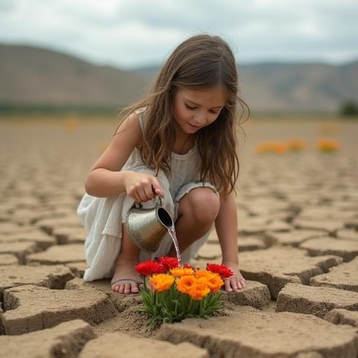 A young girl with long hair in a textured dress kneels pouring water from an antique jug onto colorful flowers in dry earth, set against muted hills and cloudy sky. Bright flowers contrast with desolate landscape, symbolizing hope and resilience.