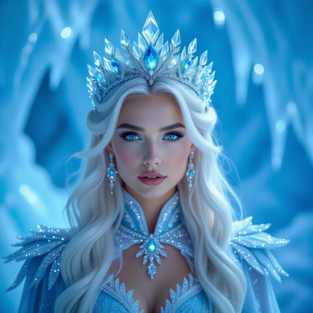A captivating figure stands in a dazzling icy realm. Long white hair flows over her shoulders. A magnificent crystal crown adorns her head with intricate designs. Striking blue eyes and dark lips convey power and mystery. Elegant ice-blue attire is embellished with sparkling accents. The backdrop displays glistening ice formations in cool blue tones. Suggests a magical realm. Captures a moment of enchantment and beauty.
