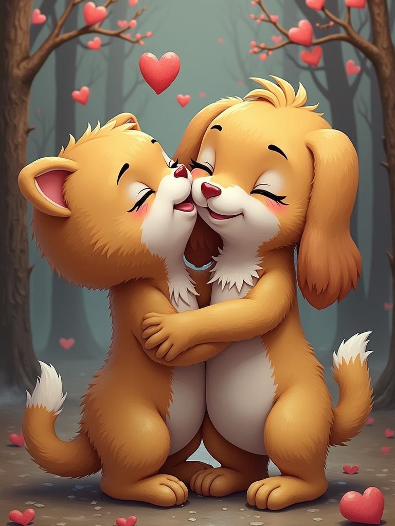 Two dog cartoon characters are hugging and kissing in the forest. They look happy and are surrounded by pink hearts. The setting has trees in the background with a feeling of warmth.