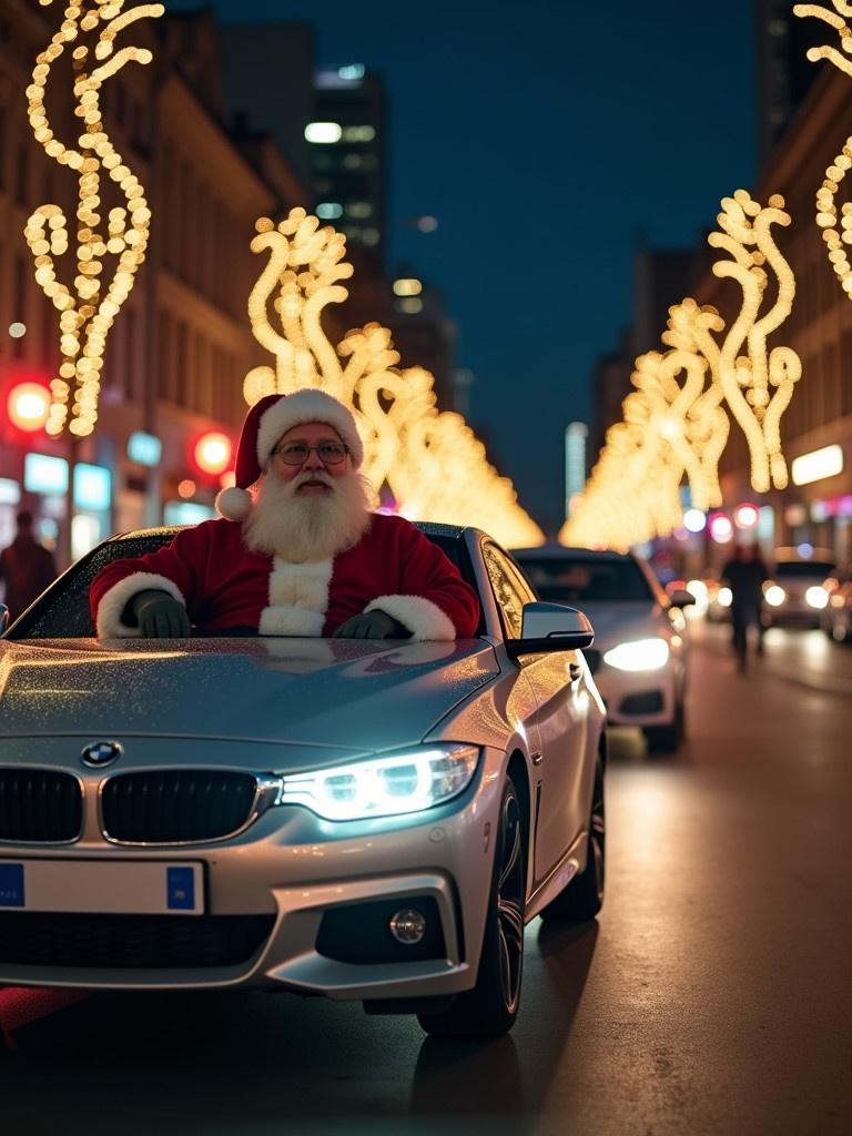 Santa Claus dressed in a traditional red and white suit drives a BMW car through a festive Buenos Aires street adorned with string lights. Nighttime illumination enhances the festive atmosphere and showcases the vibrant cityscape.