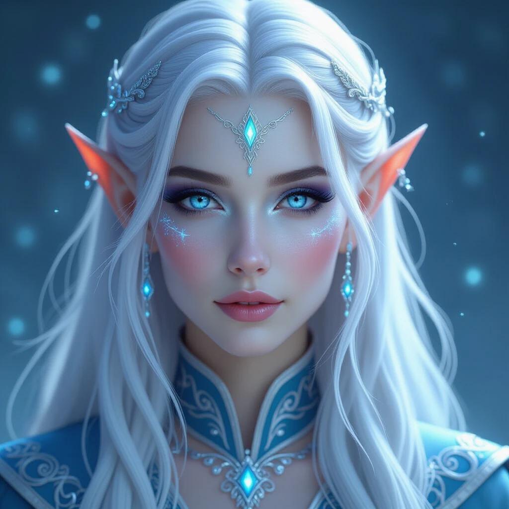 Close-up portrait of an ethereal elf woman with otherworldly beauty. Skin has a luminous silver-blue hue. Long platinum-white hair features subtle cyan highlights. Eyes are piercing ice-blue with a faint glow. Elongated ears decorated with delicate silver filigree. Facial structure is sharp yet graceful. Lips are parted in a serene expression. Shimmering celestial markings are across her cheekbones. Attire includes a high-collared robe in midnight blue and silver. Edges showcase intricate elven runes. Surrounding her is a soft bioluminescent mist. Style is fantasy D&D with detailed graphic design, high contrast, and bold colors. Background is white.
