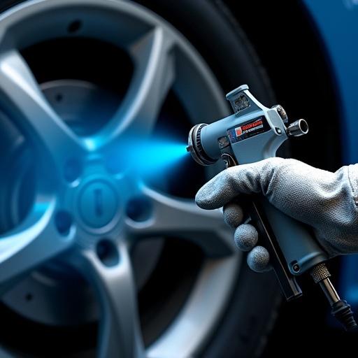 A gloved hand holds a Gema spray gun spraying bright blue paint onto a silver car wheel. The background is black. The image is detailed and in sharp focus at 8k resolution.