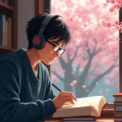 A top student sits by the window in the library. Sunlight forms spots on a book through leaves. He turns the page with a bookmark in his fingers. Cherry blossoms fall outside. Music in his headphones turns into notes around him. The library and the outside scene occupy most of the space. Colors are fresh and soft. Atmosphere is quiet and healing.